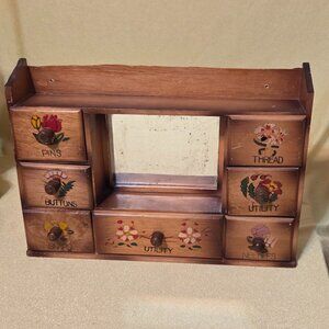 Vintage Sewing Notions Wood Wall/Countertop Cabinet with Drawers and Mirror
